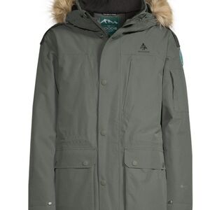 Green Winter Parka with Hood and Fur Trim